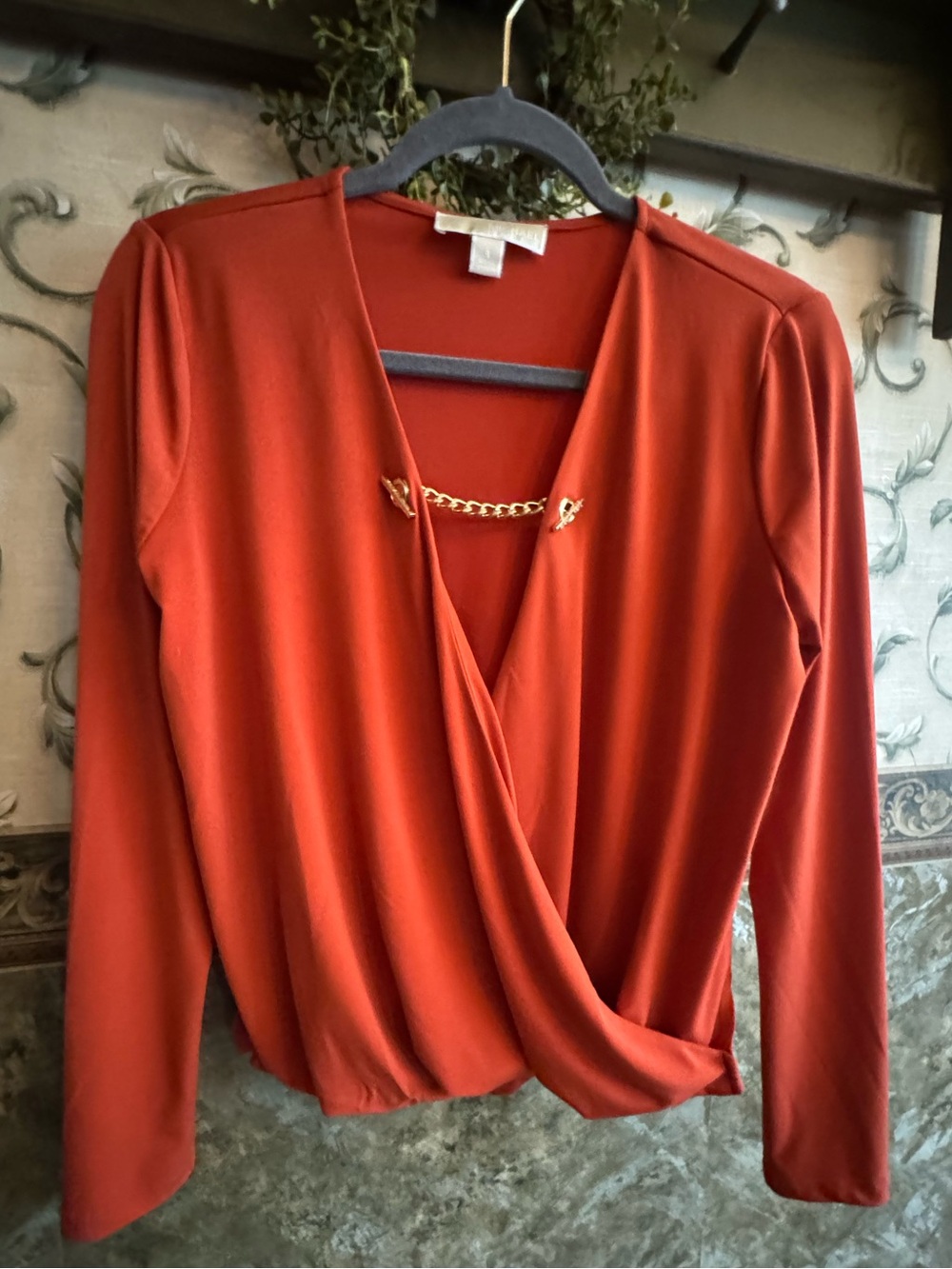 Michael Kors Rust Long-Sleeve Chain-Accent Wrap Top